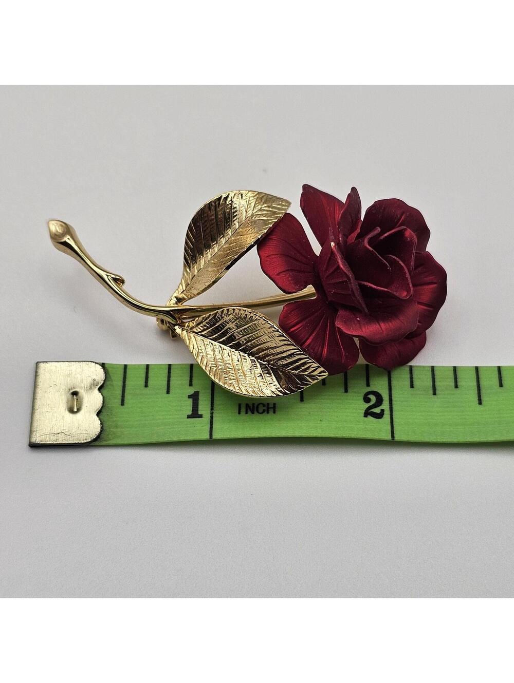 Vintage Cerrito Red Rose Brooch Gold Tone Enamel Floral Pin - Picture 9 of 9